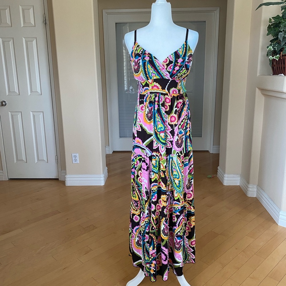 Lily Studio Spaghetti Strap Stretch Rayon Multicolor Paisley Boho Maxi Dress